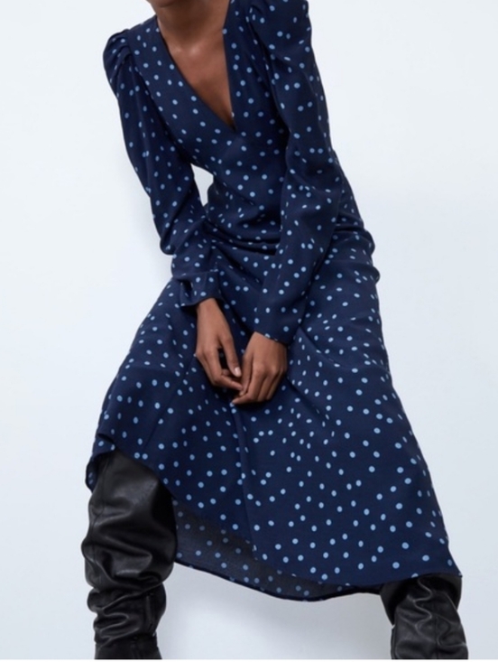 Zara Dresses & Skirts - Zara Navy Polka Dot Puff Shoulder Midi Dress Women's Large
